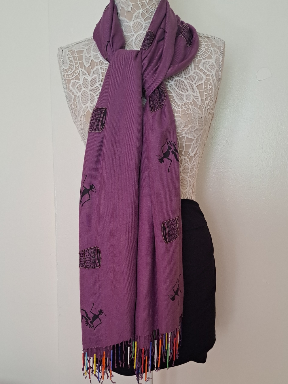 Vintage Purple Boho Tribal Scarf Pashmina Shawl with Multicolor Beaded